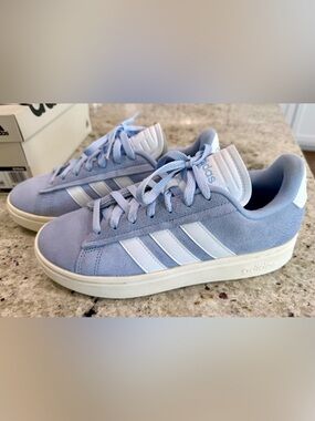 Adidas Grand Court Alpha Light Blue Suede Sneakers with White Stripes